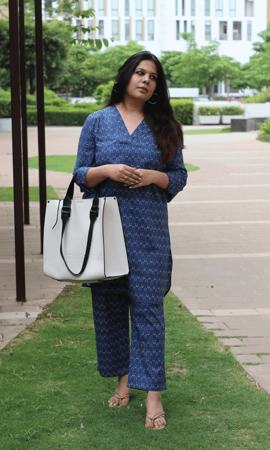 Cotton Indigo Bloom Pathani Style Kurta & Pants - Baareeki