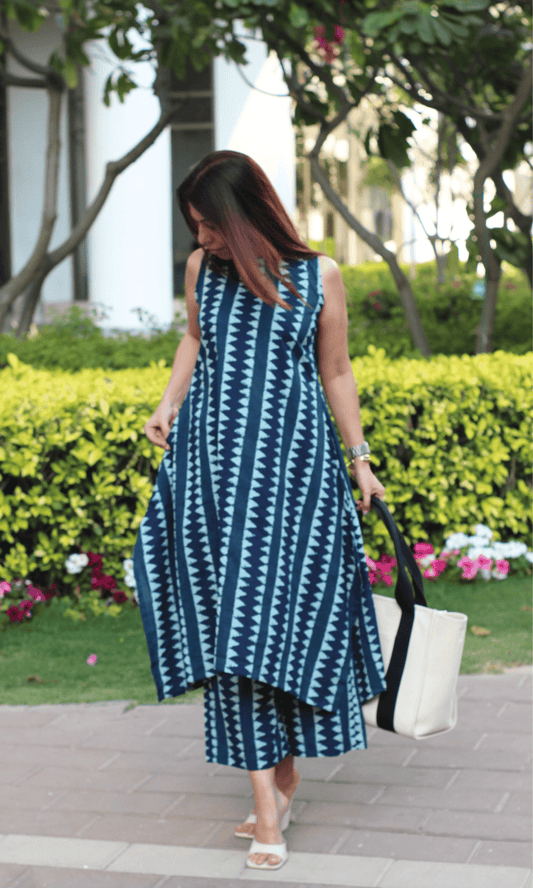 Cotton Indigo High Neck High Low Sleeveless Coord - Baareeki