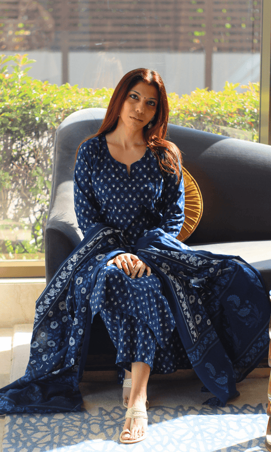 Cotton Indigo Small Print Suit with Cotton Printed Dupatta - Baareeki