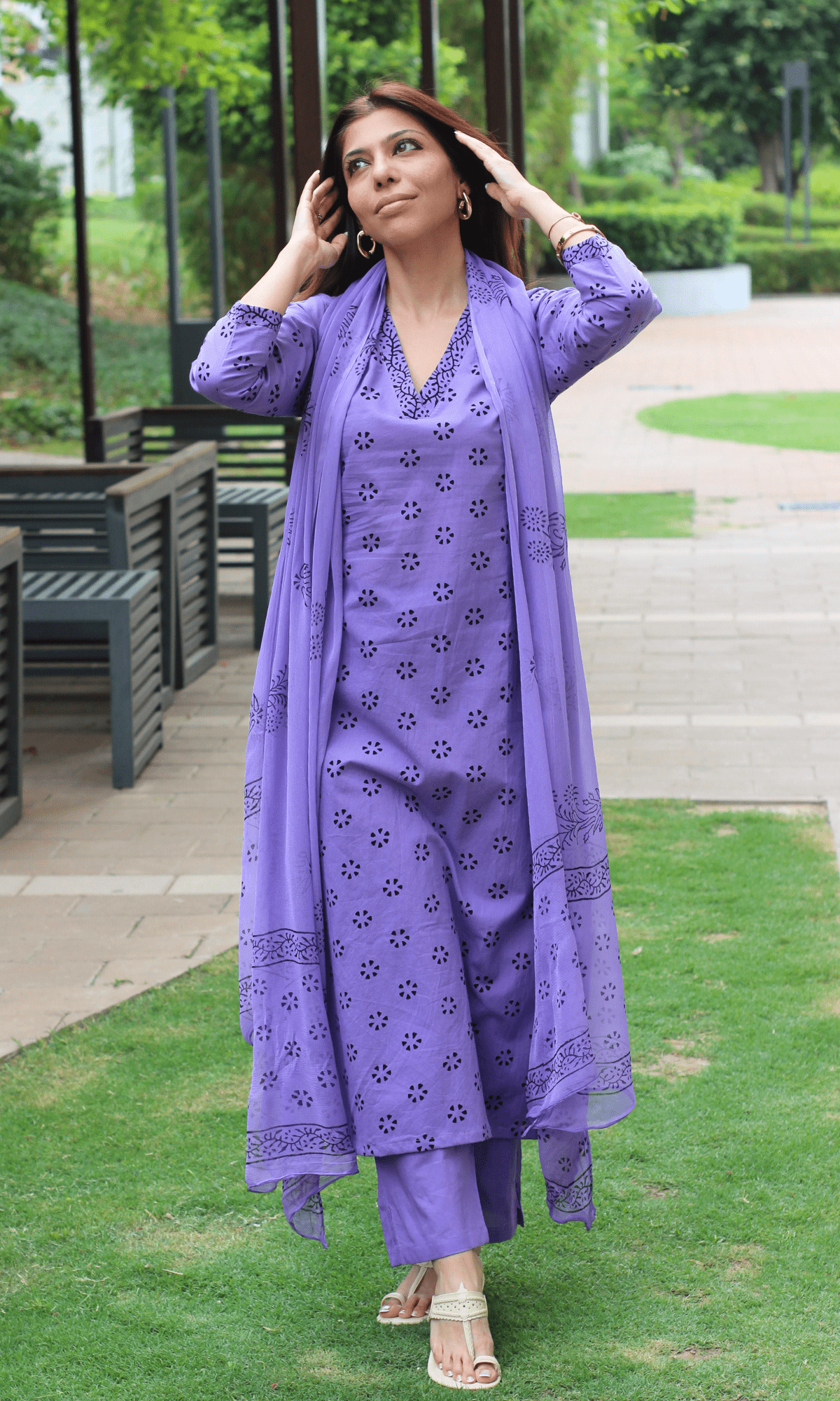 Cotton Lavender Dotted Flower Print Suit with Chiffon Handblock Print Dupatta - Baareeki
