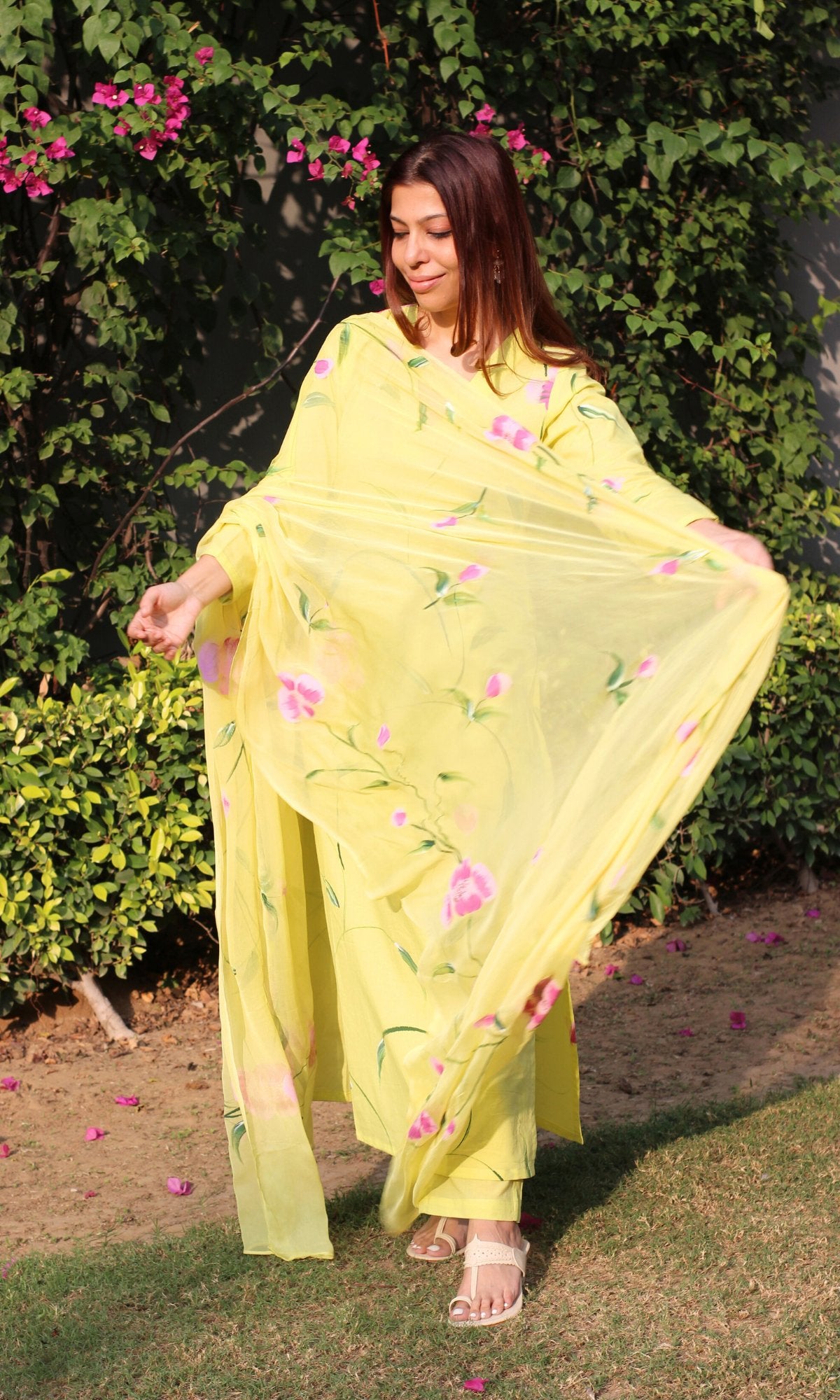 Cotton Lemon & Pink Hand Painted Suit with Chiffon Hand Painted Dupatta - Baareeki