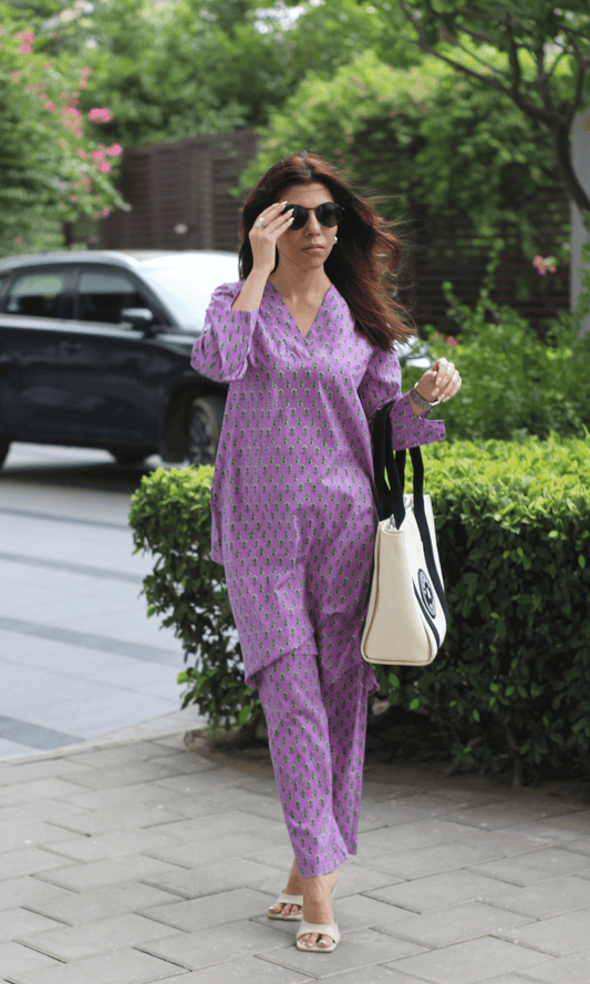 Cotton Lilac Bloom Pathani Style Kurta & Pants - Baareeki