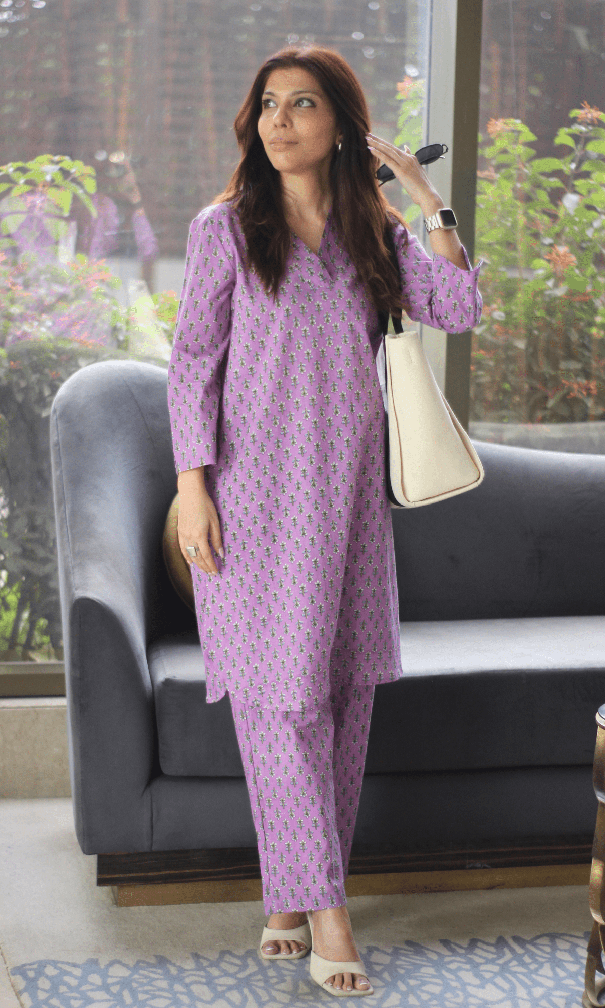 Cotton Lilac Bloom Pathani Style Kurta & Pants - Baareeki