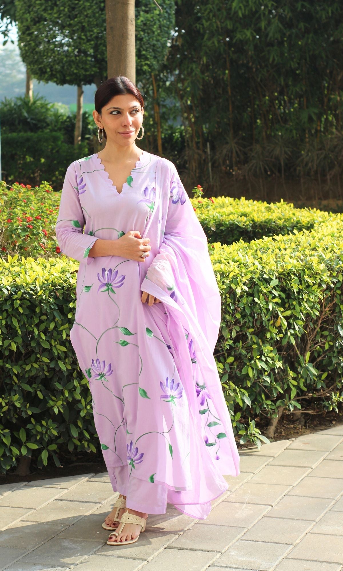 Cotton Lilac Handbrush Painted Suit with Cotton Handpainted Dupatta - Baareeki
