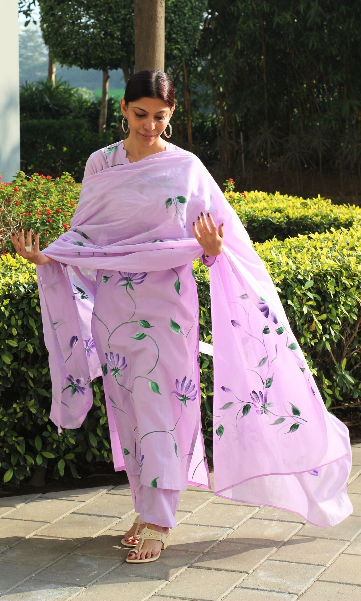Cotton Lilac Handbrush Painted Suit with Cotton Handpainted Dupatta - Baareeki