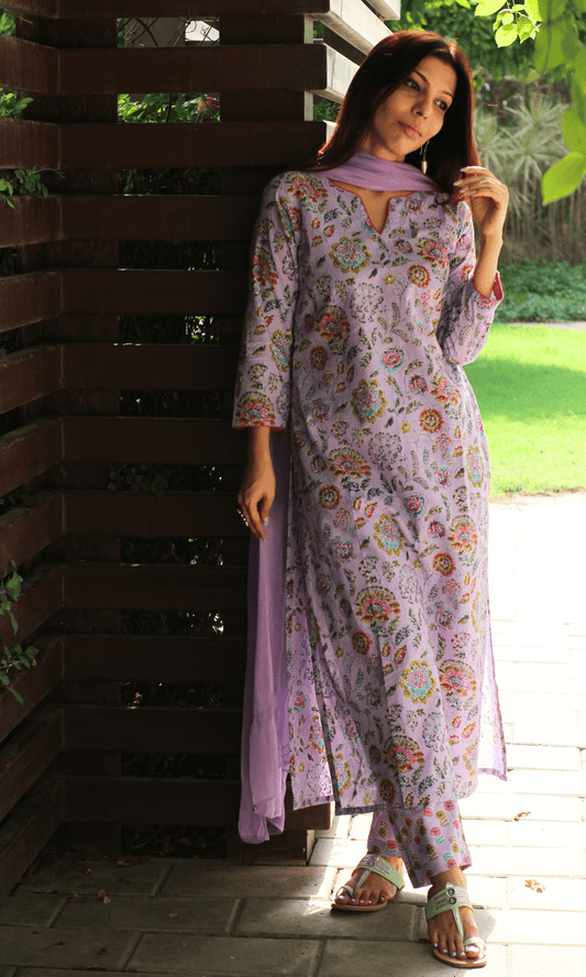 Cotton Lilac Lush Printed Kurta, Pant & Chiffon Dupatta - Baareeki