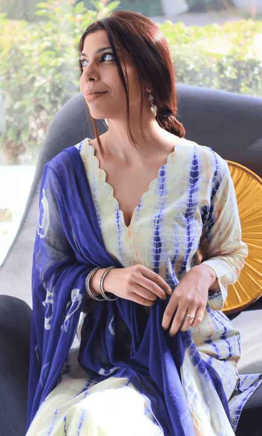 Cotton Lime & Purple Tie & Dye Duit with Chiffon Hand Printed Dupatta - Baareeki