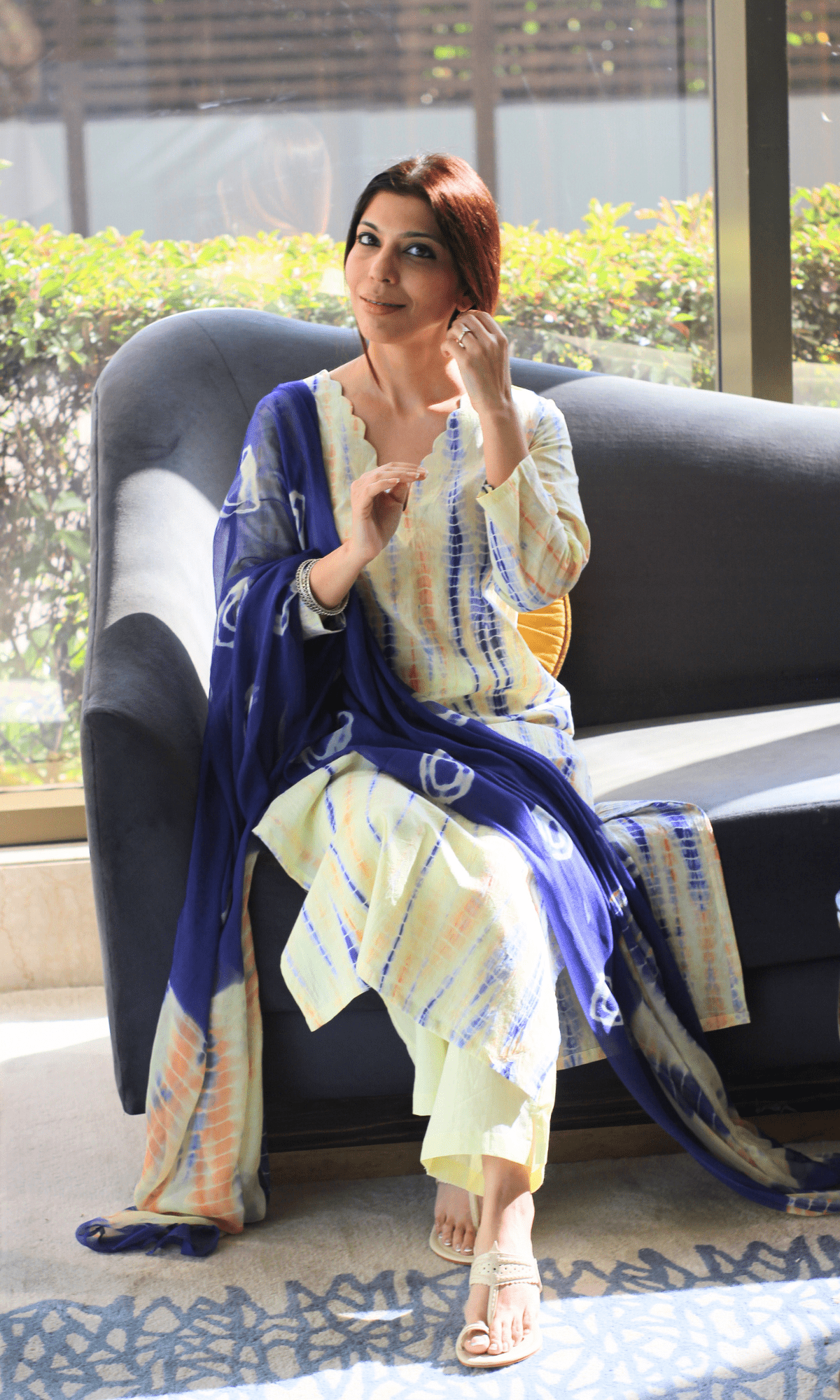 Cotton Lime & Purple Tie & Dye Duit with Chiffon Hand Printed Dupatta - Baareeki