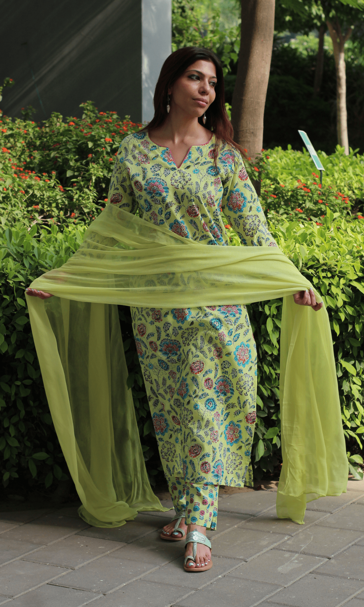 Cotton Lime Zest Printed Kurta, Pant & Chiffon Dupatta - Baareeki