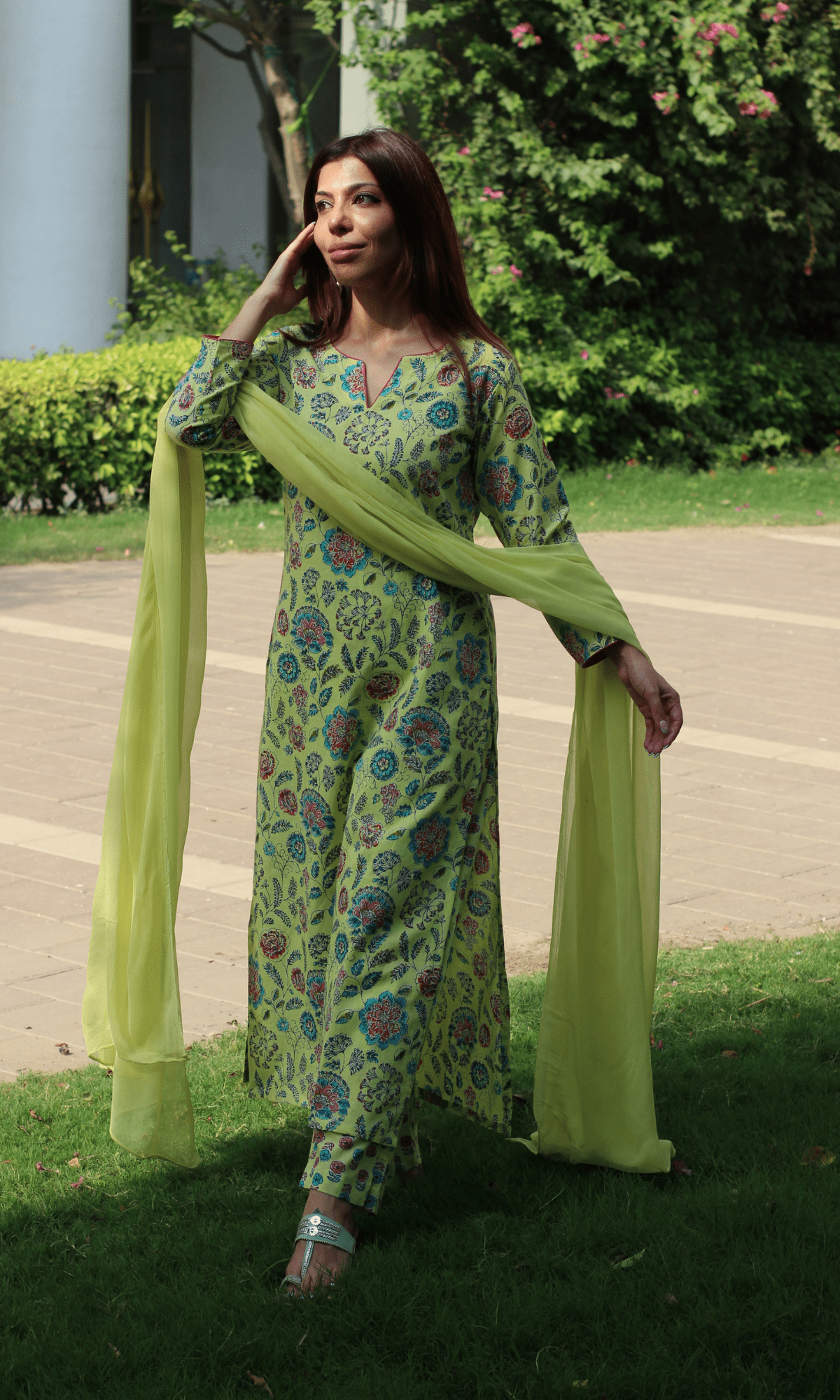 Cotton Lime Zest Printed Kurta, Pant & Chiffon Dupatta - Baareeki