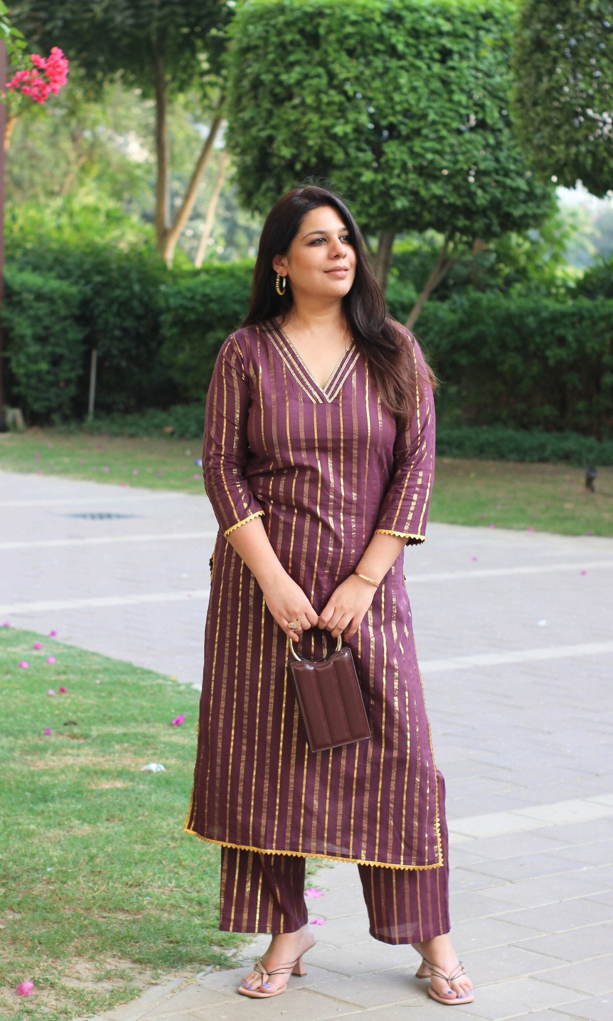 Cotton Lurex Sangria & Gold Straight Kurta with Pants - Baareeki
