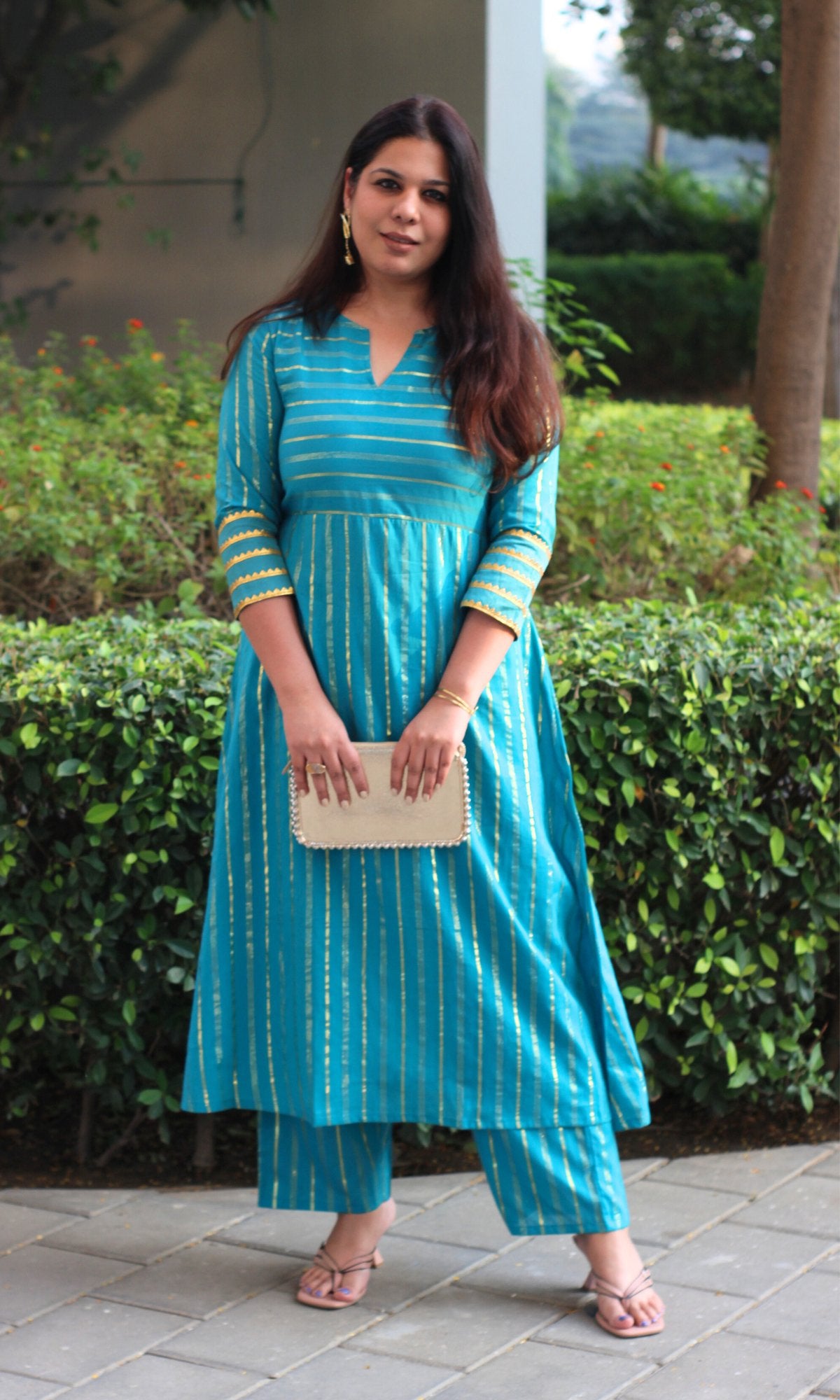 Cotton Lurex Teal & Gold Flared Kurta with Pants - Baareeki