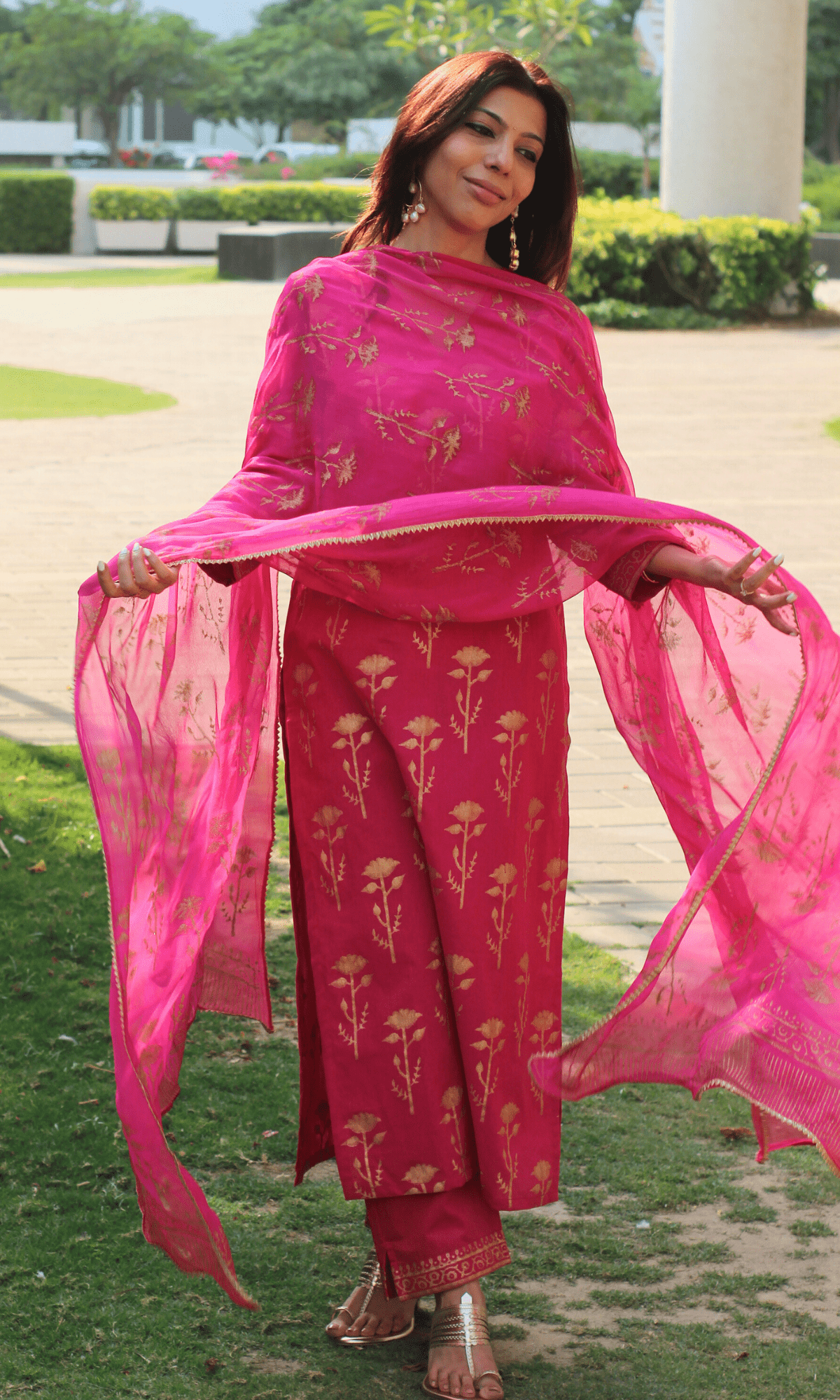 Cotton Magenta & Gold Rose Handblock Suit with Chiffon Gold Laced Dupatta - Baareeki