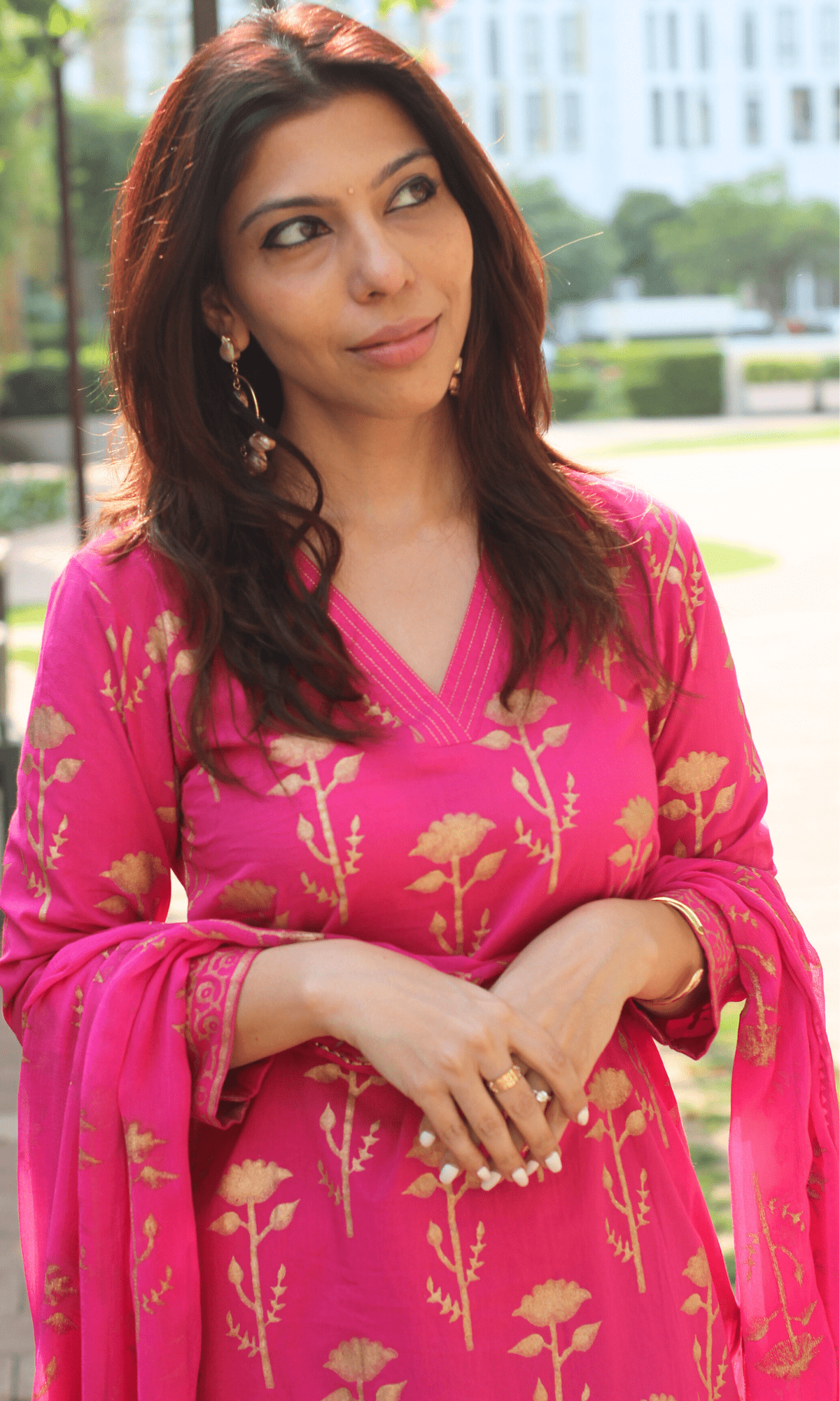 Cotton Magenta & Gold Rose Handblock Suit with Chiffon Gold Laced Dupatta - Baareeki