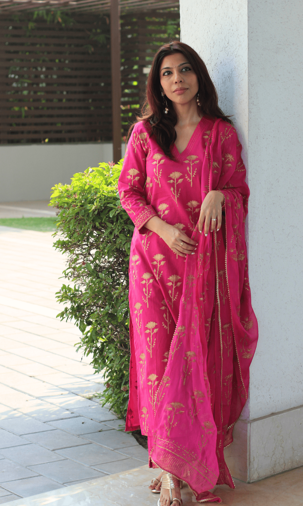 Cotton Magenta & Gold Rose Handblock Suit with Chiffon Gold Laced Dupatta - Baareeki
