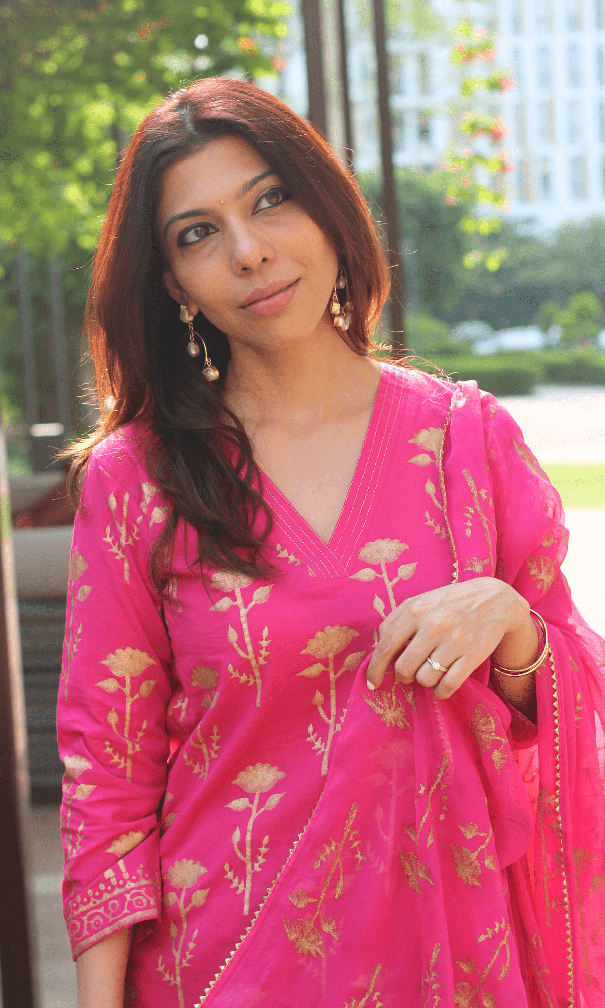 Cotton Magenta & Gold Rose Handblock Suit with Chiffon Gold Laced Dupatta - Baareeki