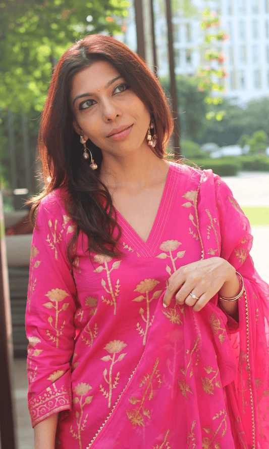 Cotton Magenta & Gold Rose Handblock Suit with Chiffon Gold Laced Dupatta - Baareeki