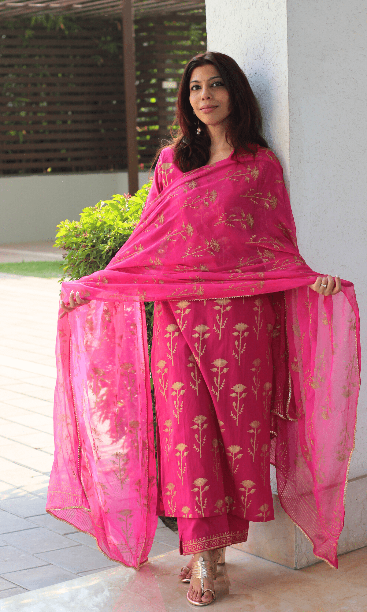 Cotton Magenta & Gold Rose Handblock Suit with Chiffon Gold Laced Dupatta - Baareeki