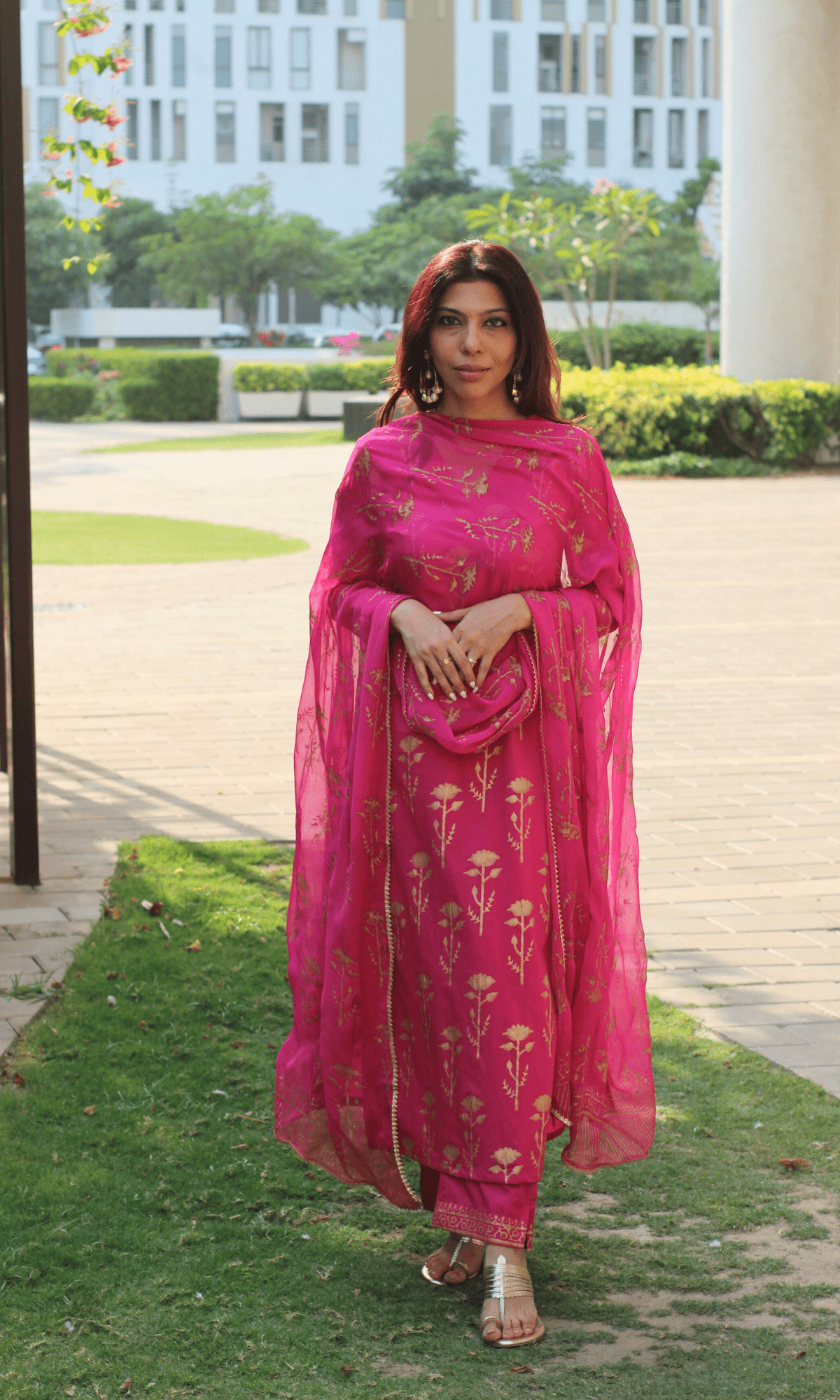 Cotton Magenta & Gold Rose Handblock Suit with Chiffon Gold Laced Dupatta - Baareeki
