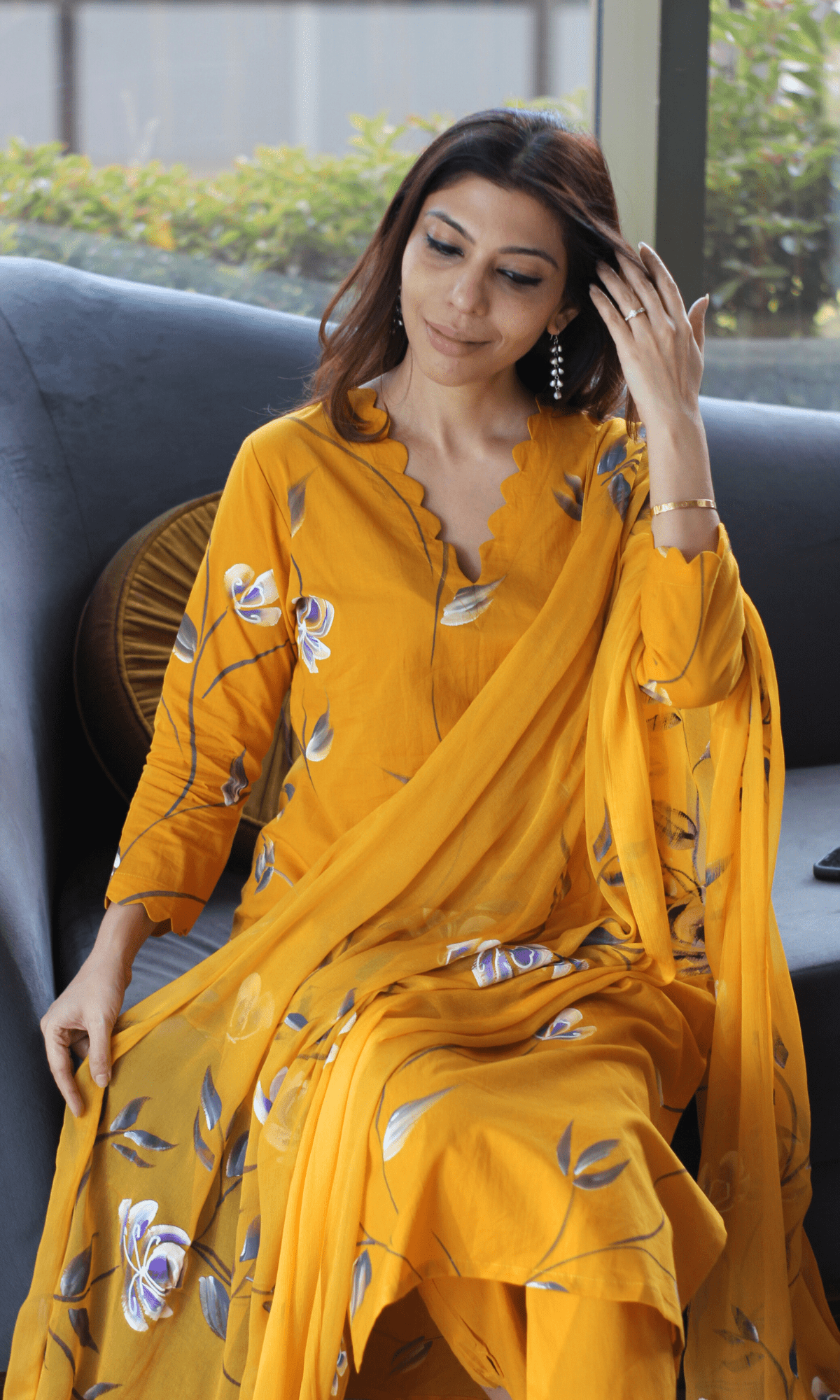 Cotton Mango Handbrush Painted Suit with Chiffon Handpainted Dupatta - Baareeki