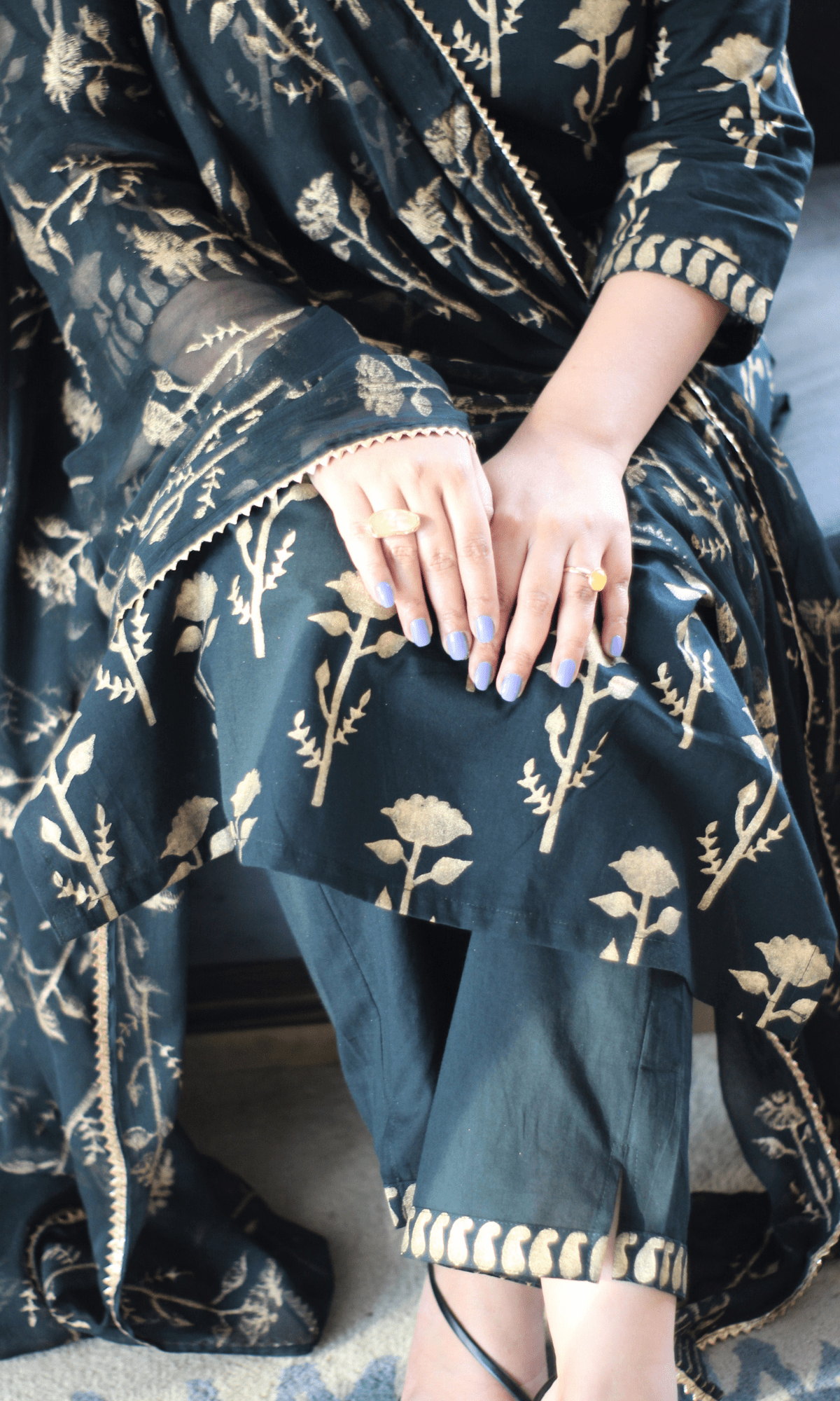 Cotton Midnight & Gold Handblock Suit with Chiffon Gold Laced Dupatta - Baareeki