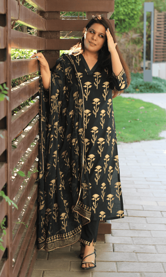 Cotton Midnight & Gold Handblock Suit with Chiffon Gold Laced Dupatta - Baareeki