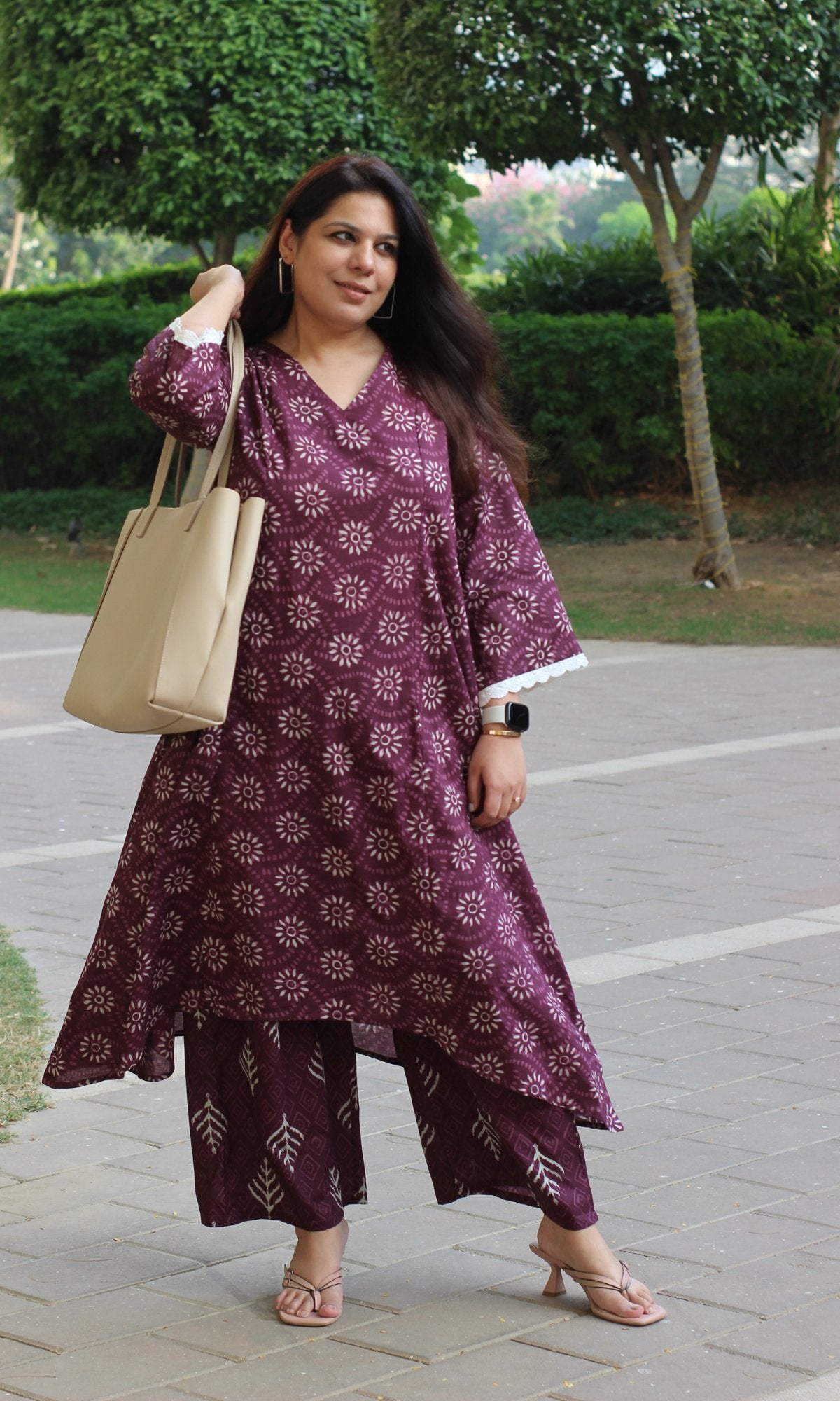 Cotton Mulberry Sunflower High Low Kurta & Palazzo - Baareeki