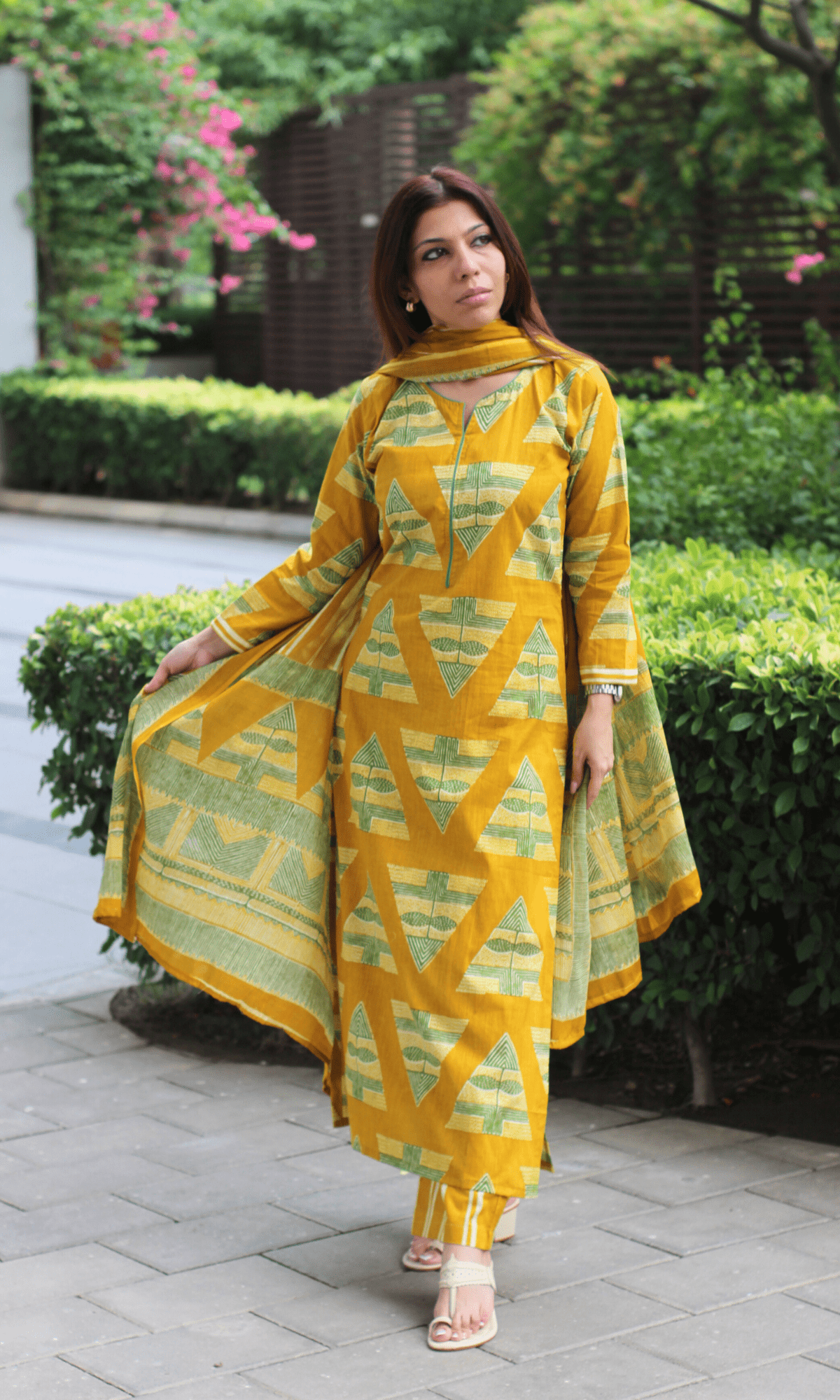 Cotton Mustard Yellow Geometric Print Suit with Cotton Printed Dupatta - Baareeki