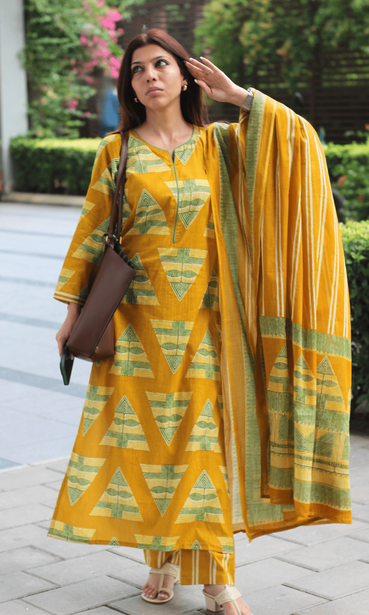 Cotton Mustard Yellow Geometric Print Suit with Cotton Printed Dupatta - Baareeki