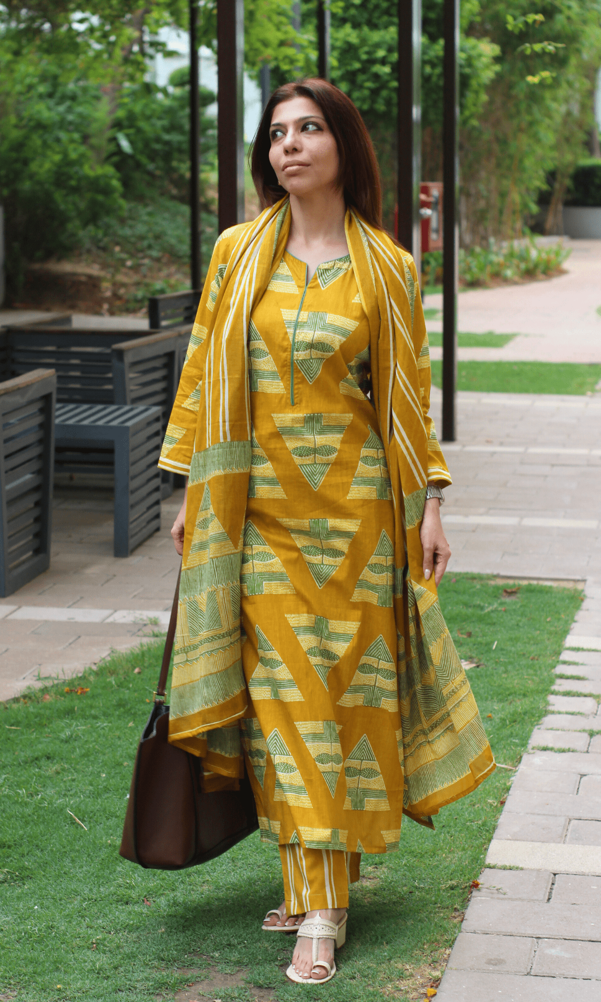 Cotton Mustard Yellow Geometric Print Suit with Cotton Printed Dupatta - Baareeki