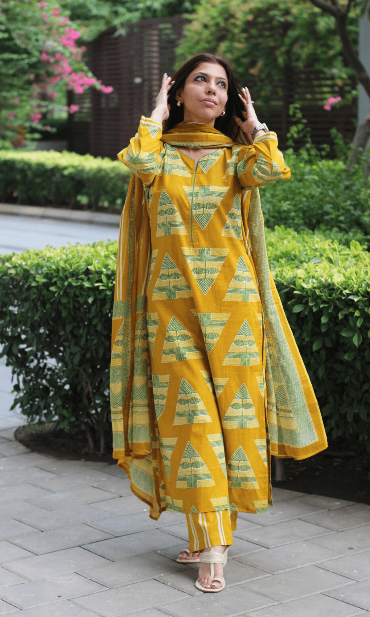 Cotton Mustard Yellow Geometric Print Suit with Cotton Printed Dupatta - Baareeki