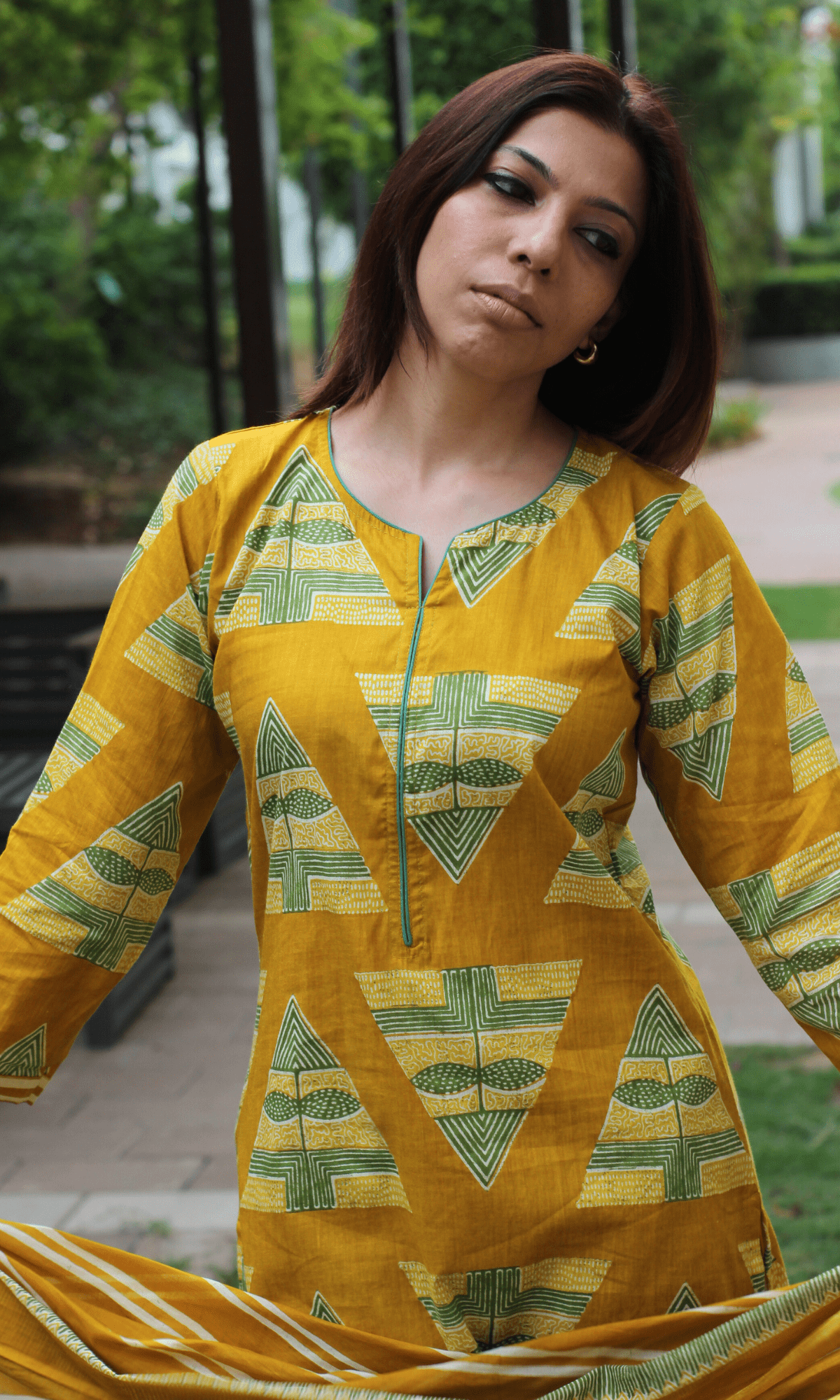 Cotton Mustard Yellow Geometric Print Suit with Cotton Printed Dupatta - Baareeki