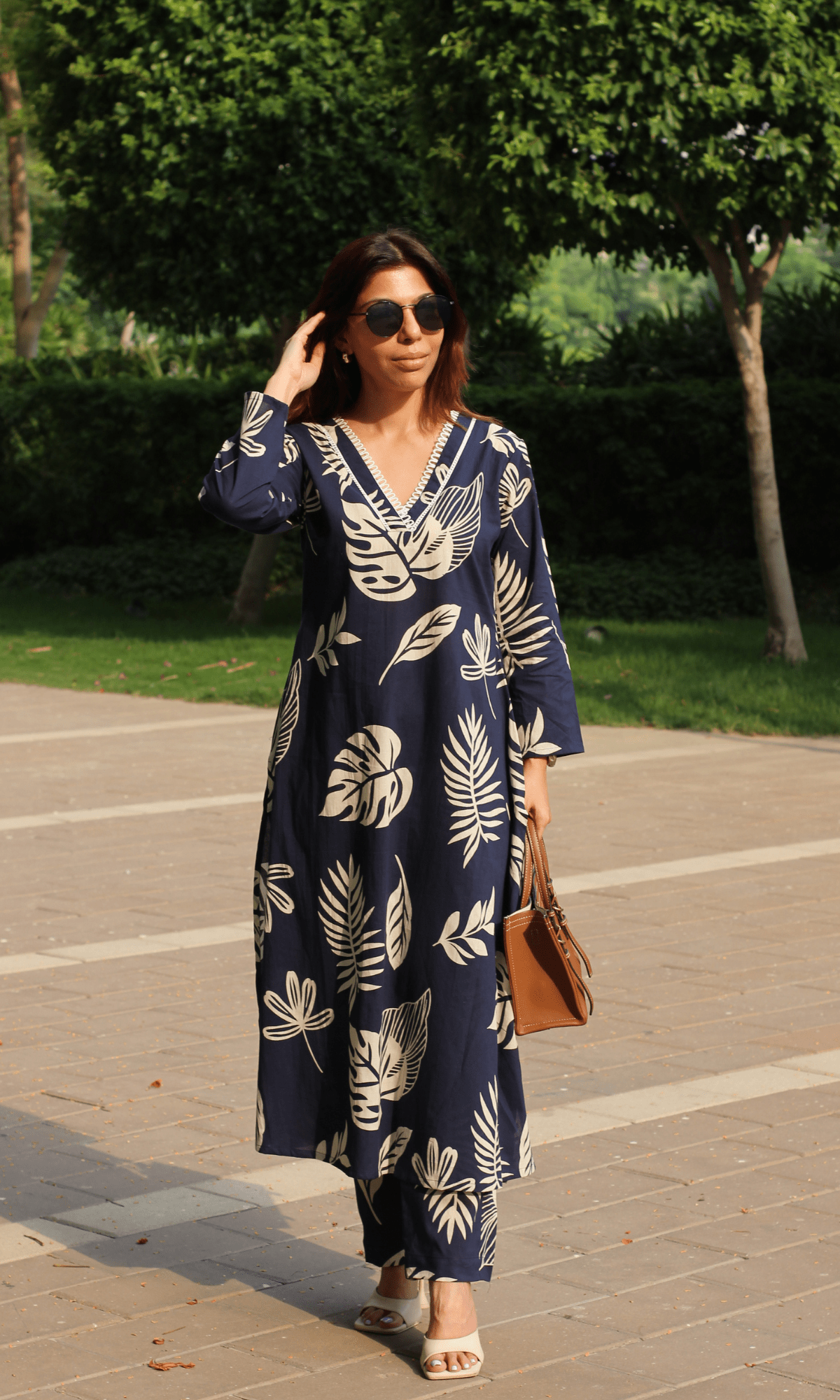 Cotton Navy Blue Big Leaf Laced A line Kurta & Pant Set - Baareeki