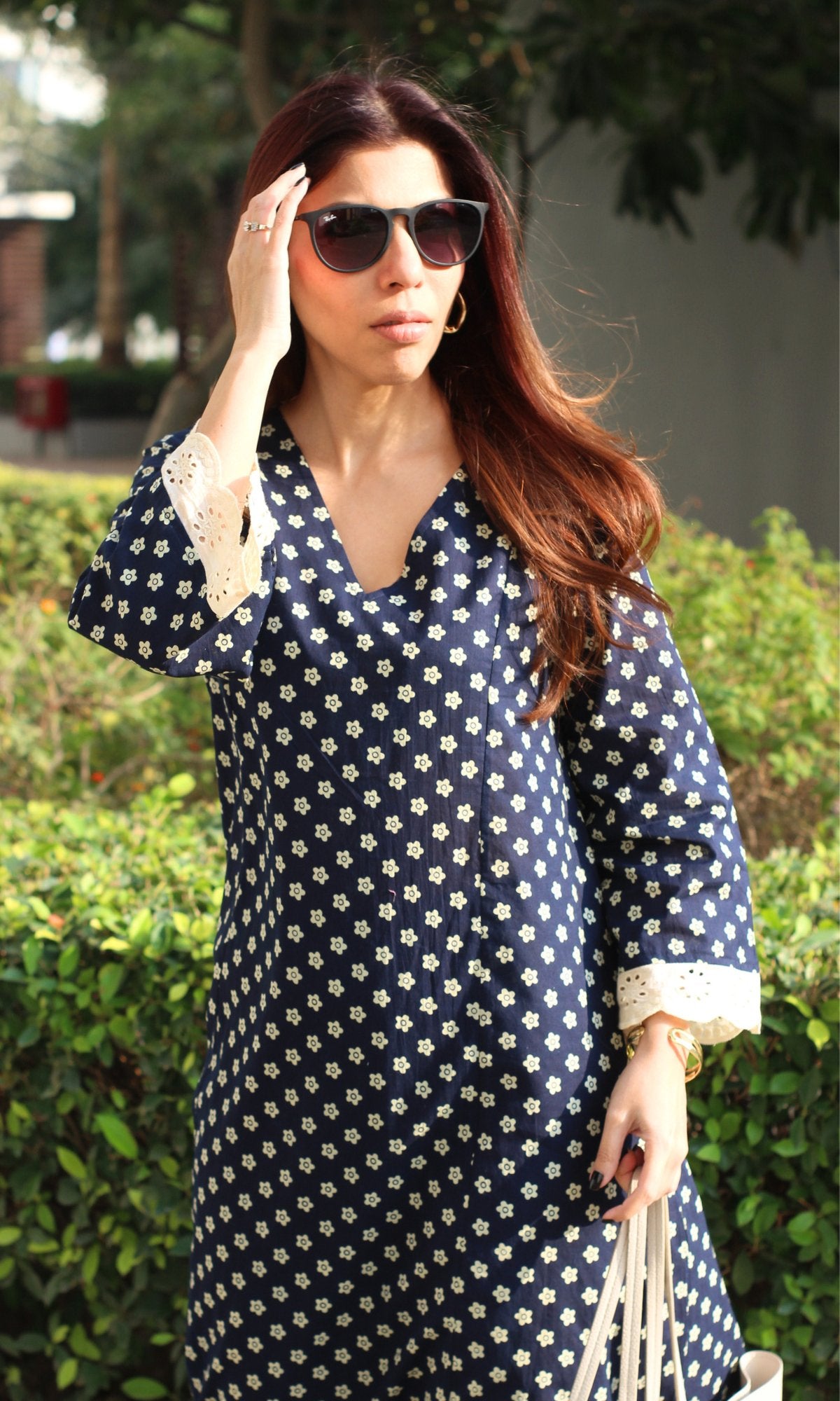 Cotton Navy Blue Flower Print High Low Kurta with Palazzo - Baareeki