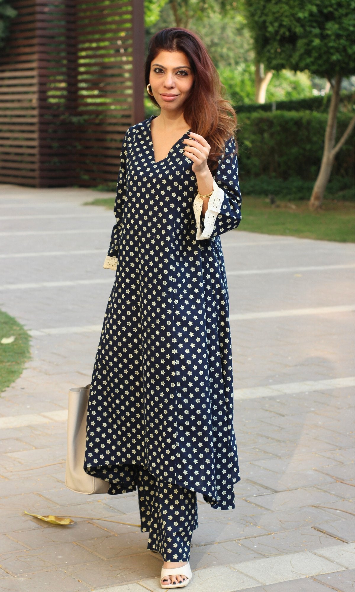 Cotton Navy Blue Flower Print High Low Kurta with Palazzo - Baareeki