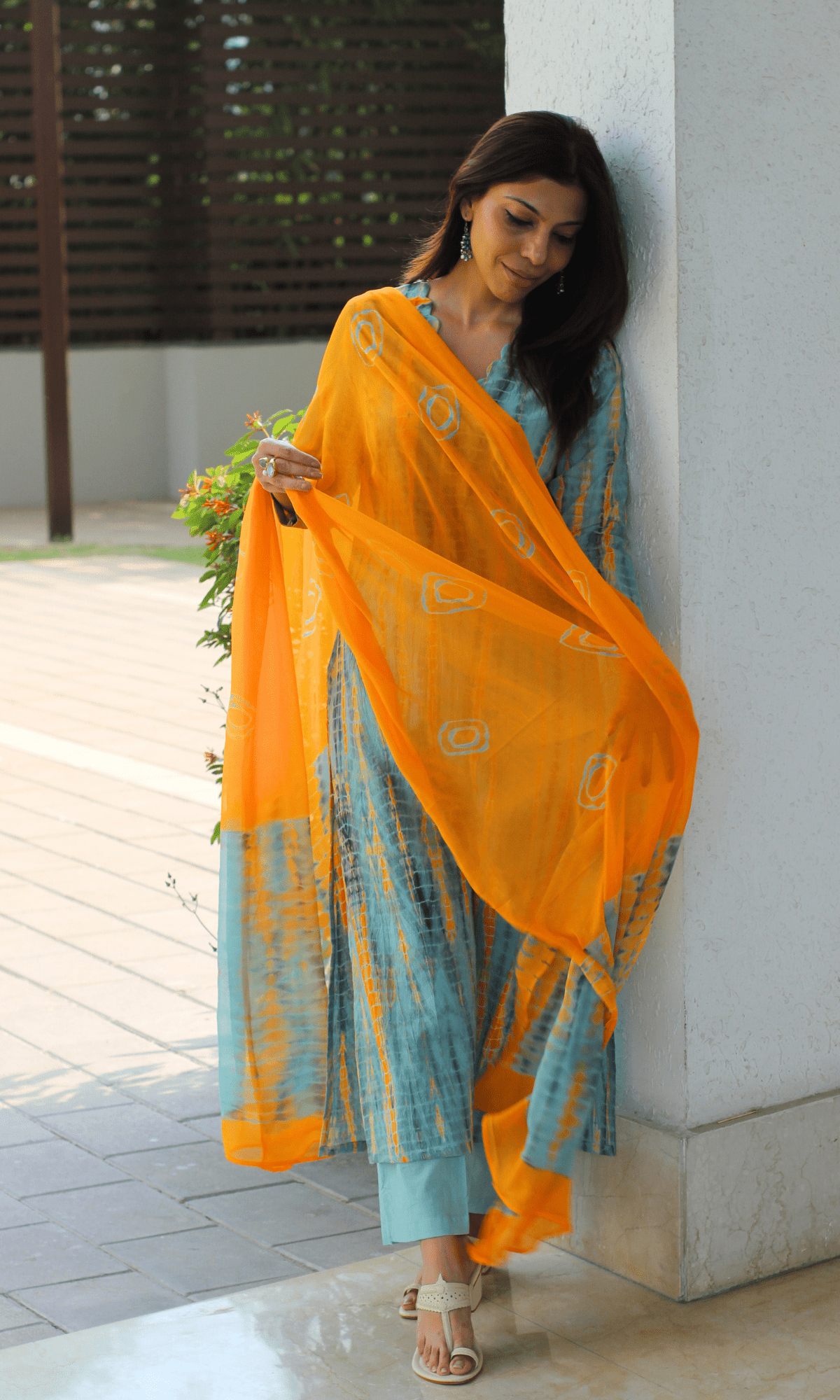 Cotton Ocean Blue & Orange Tie & Dye Suit with Chiffon Printed Dupatta - Baareeki