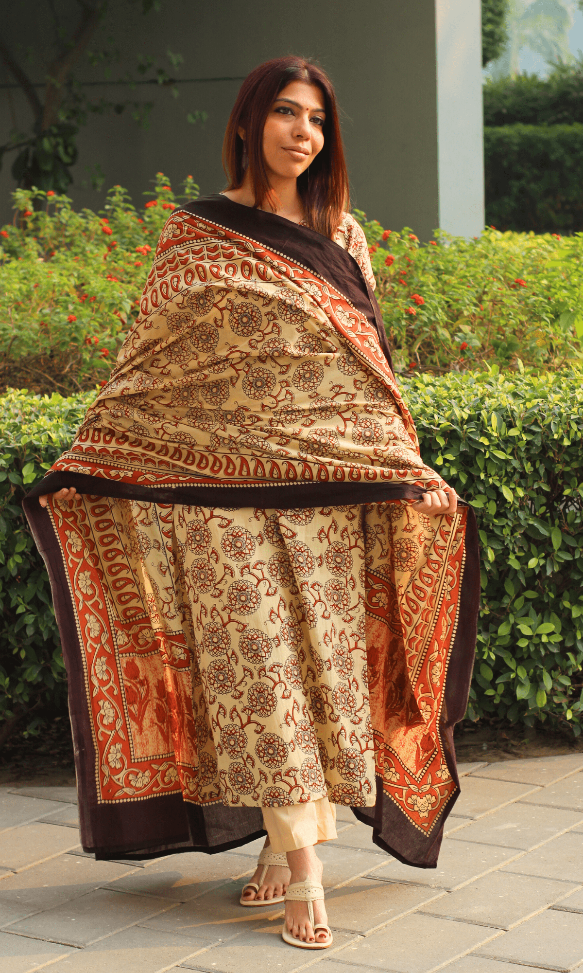 Cotton Off White & Red Kalamkari Suit with Printed Dupatta - Baareeki