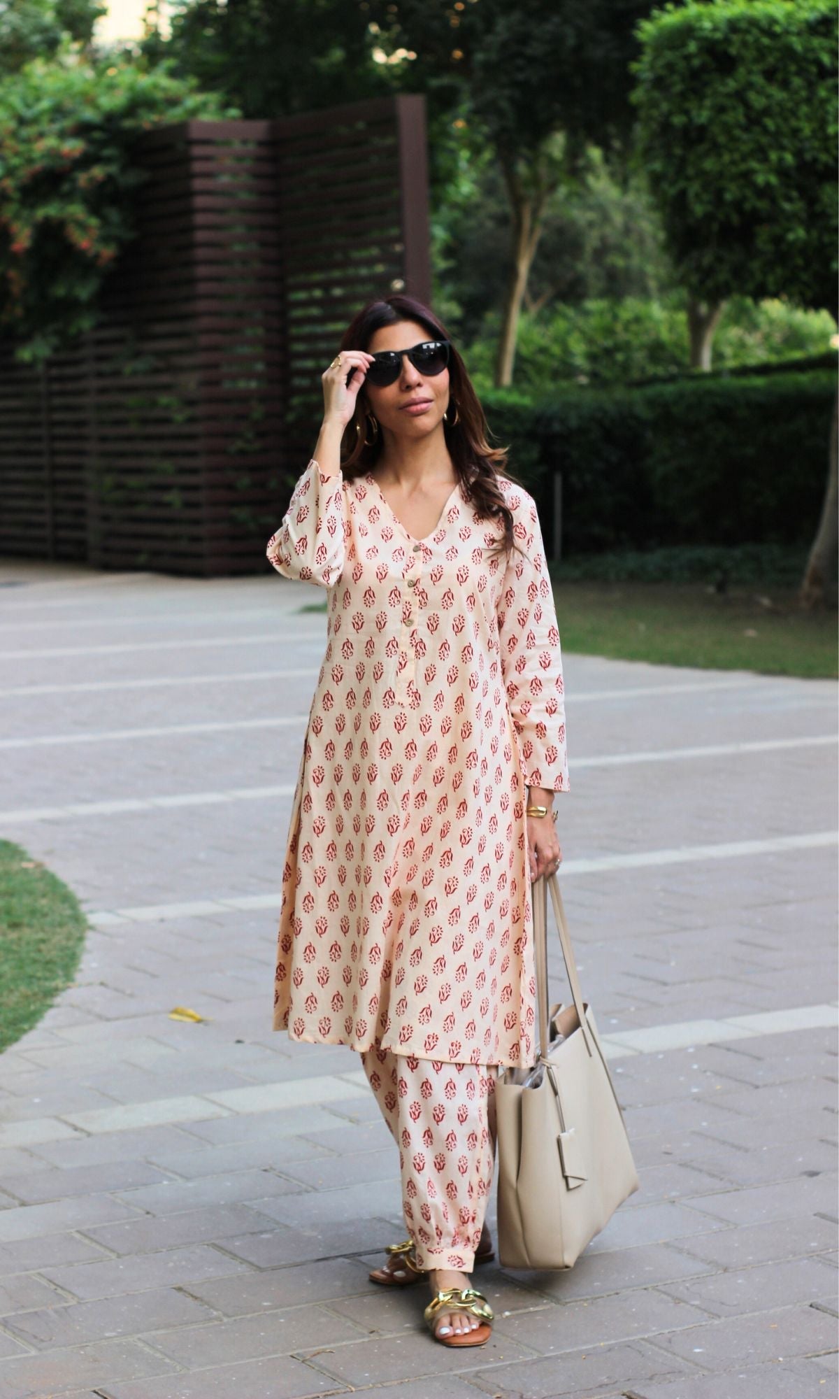 Cotton Off White with Red boota A - line Kurta & Pathani Style Pants - Baareeki