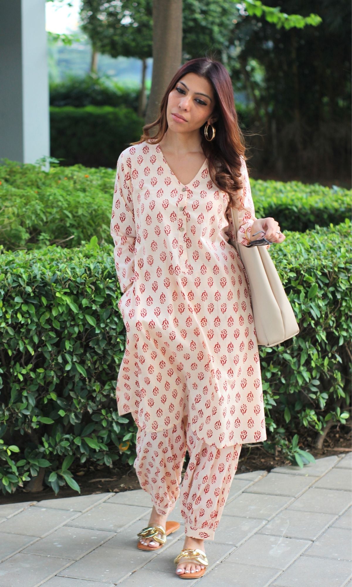 Cotton Off White with Red boota A - line Kurta & Pathani Style Pants - Baareeki