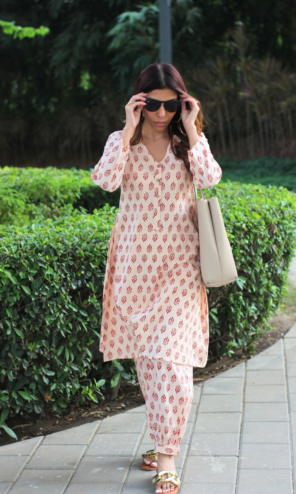 Cotton Off White with Red boota A - line Kurta & Pathani Style Pants - Baareeki