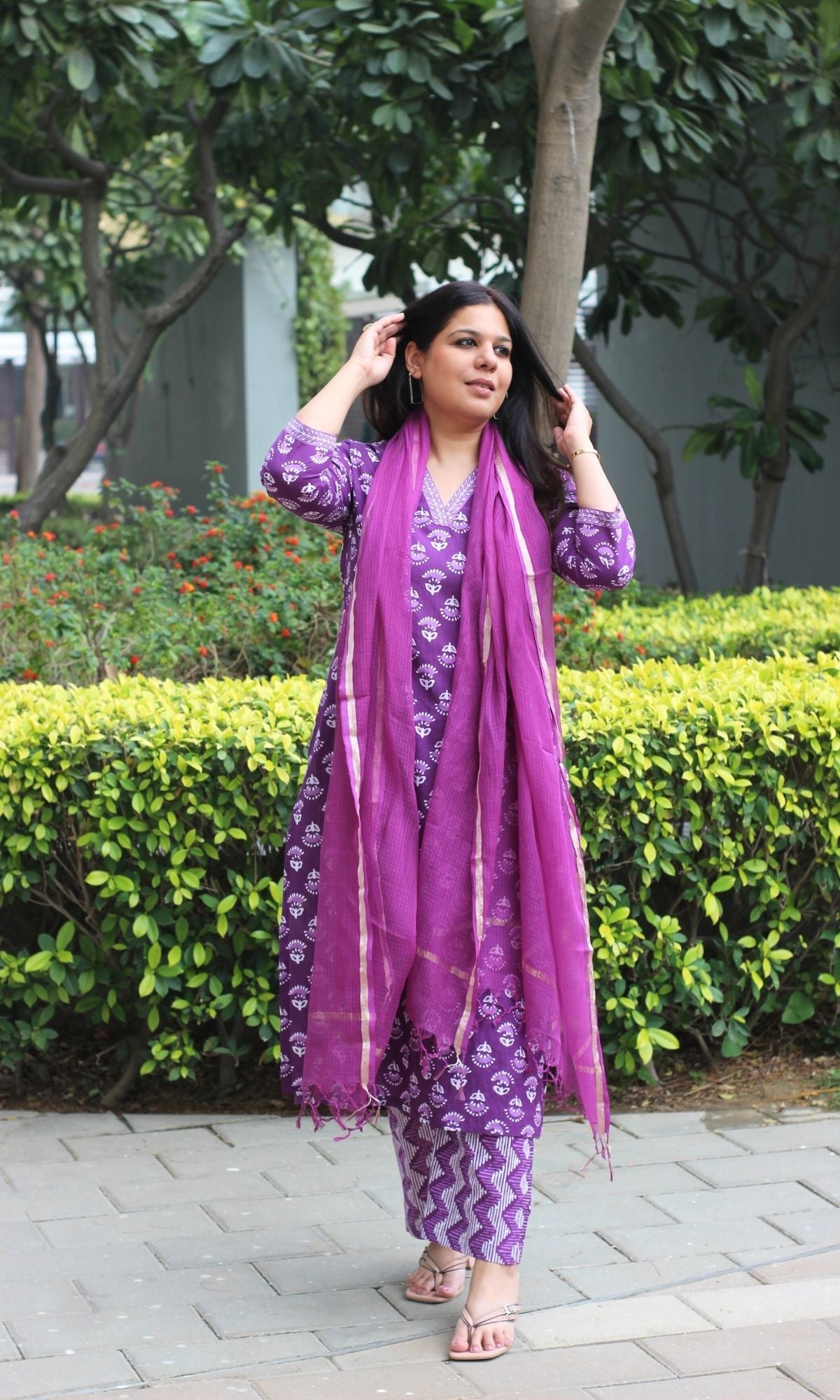 Cotton Orchid Block Printed Suit Set with Kota Doria Dupatta - Baareeki