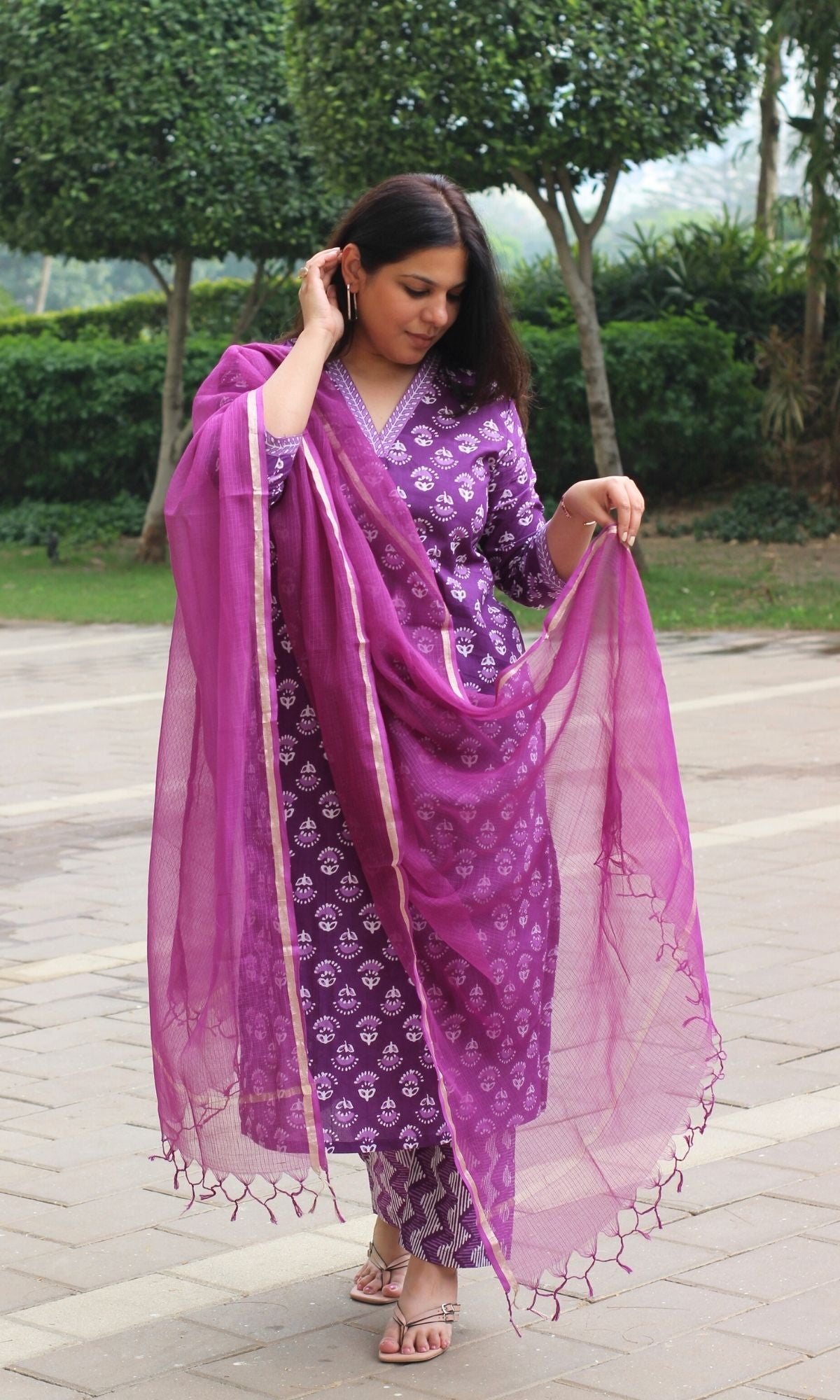 Cotton Orchid Block Printed Suit Set with Kota Doria Dupatta - Baareeki