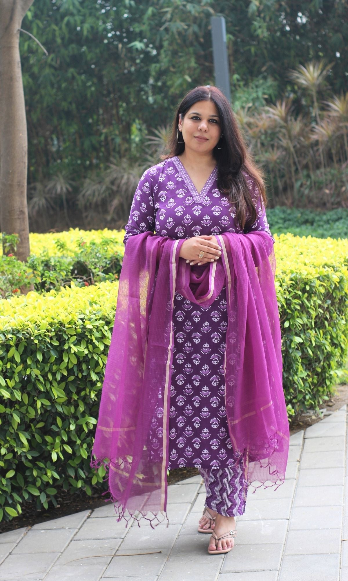 Cotton Orchid Block Printed Suit Set with Kota Doria Dupatta - Baareeki