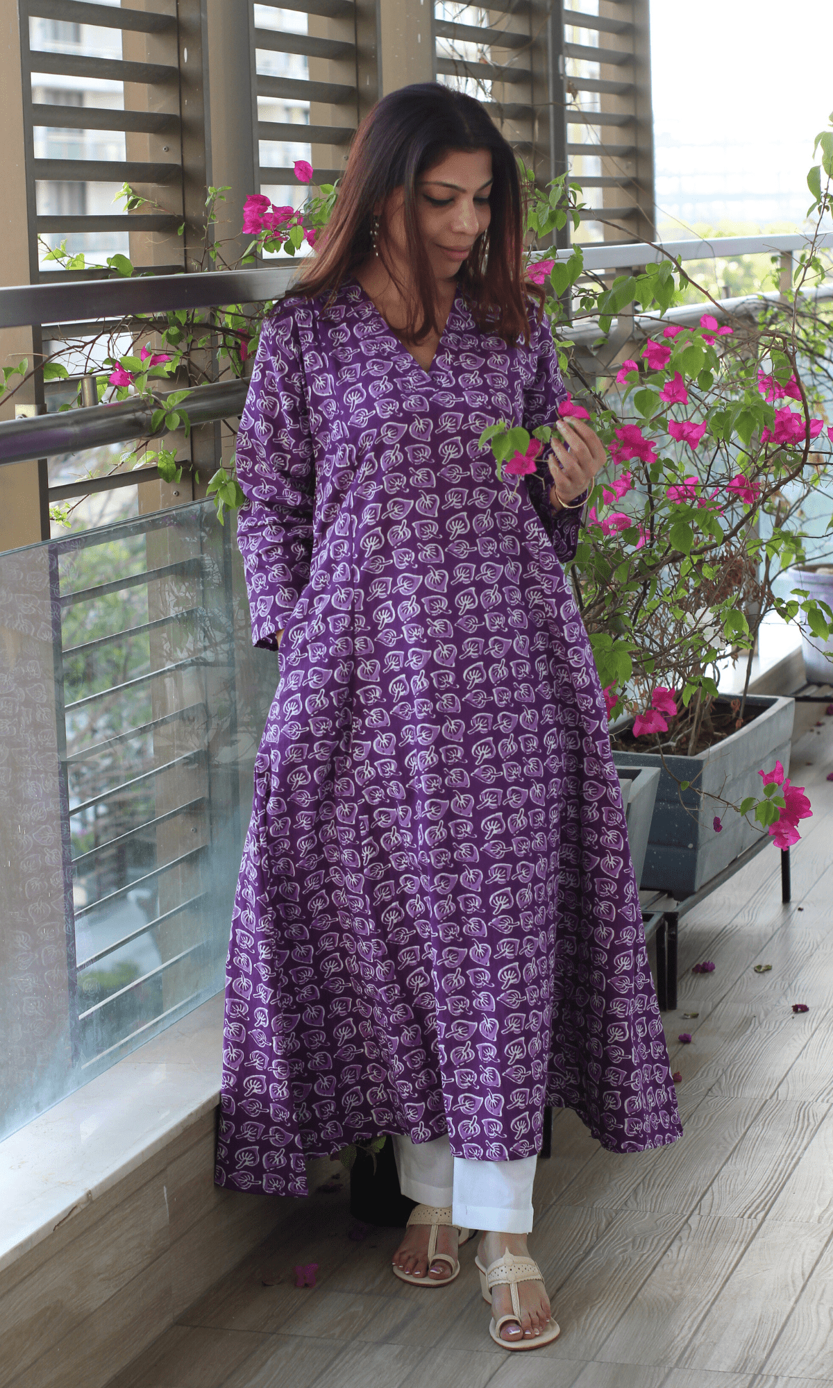 Cotton Orchid Leaf Print Kali Kurta - Baareeki
