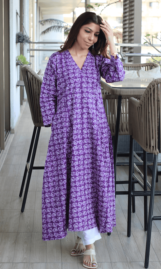 Cotton Orchid Leaf Print Kali Kurta - Baareeki