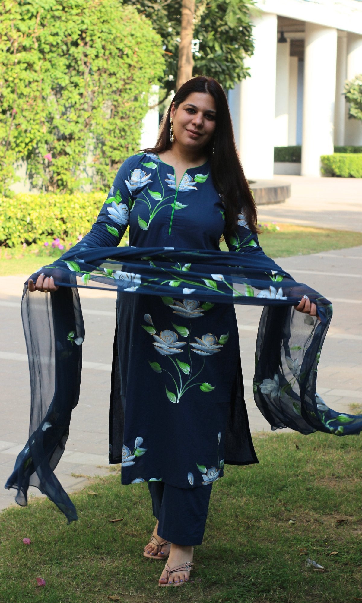 Cotton Oxford Blue Hand Painted Suit with Chiffon Handpainted Dupatta - Baareeki