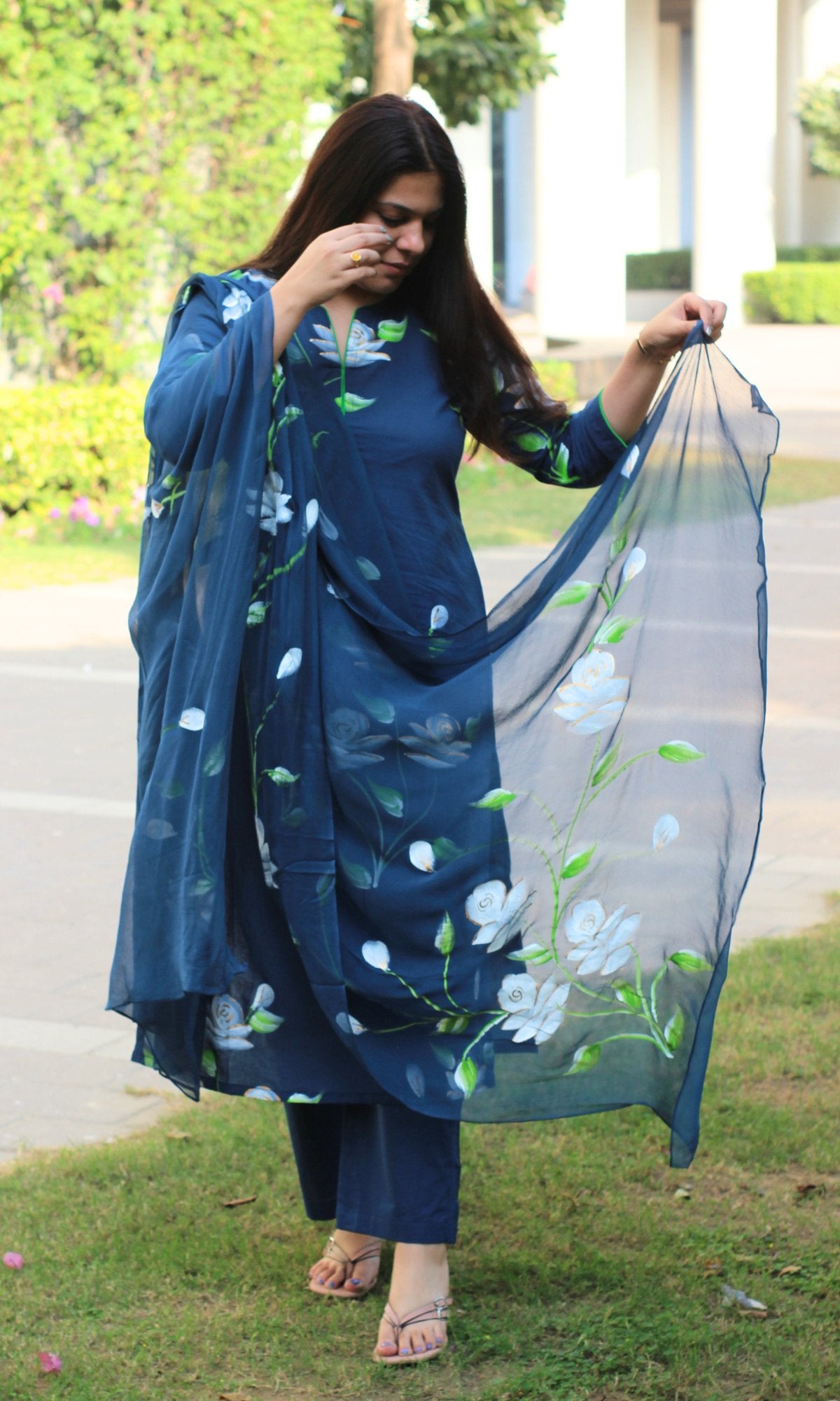 Cotton Oxford Blue Hand Painted Suit with Chiffon Handpainted Dupatta - Baareeki