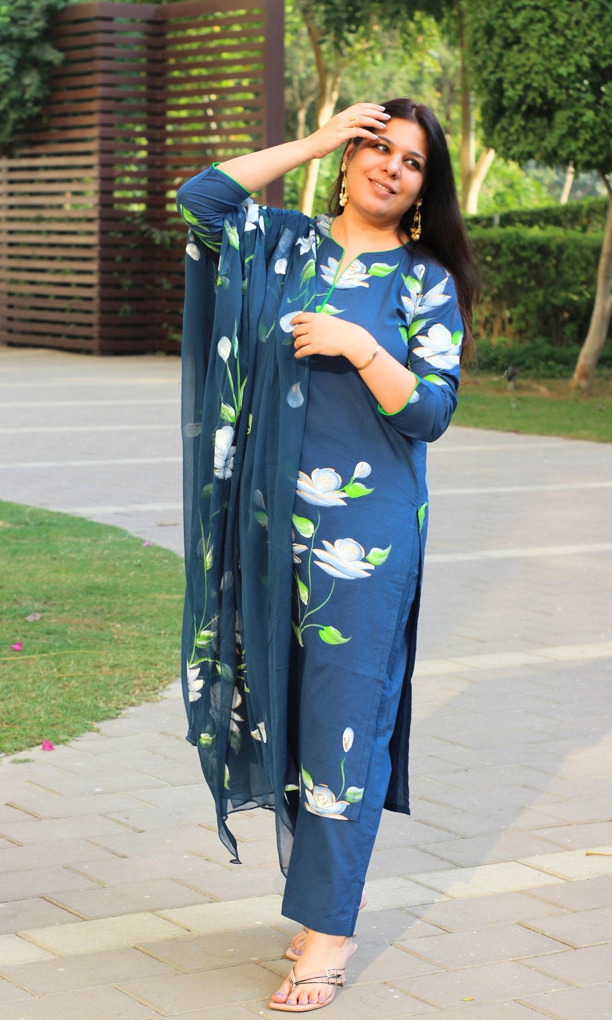 Cotton Oxford Blue Hand Painted Suit with Chiffon Handpainted Dupatta - Baareeki