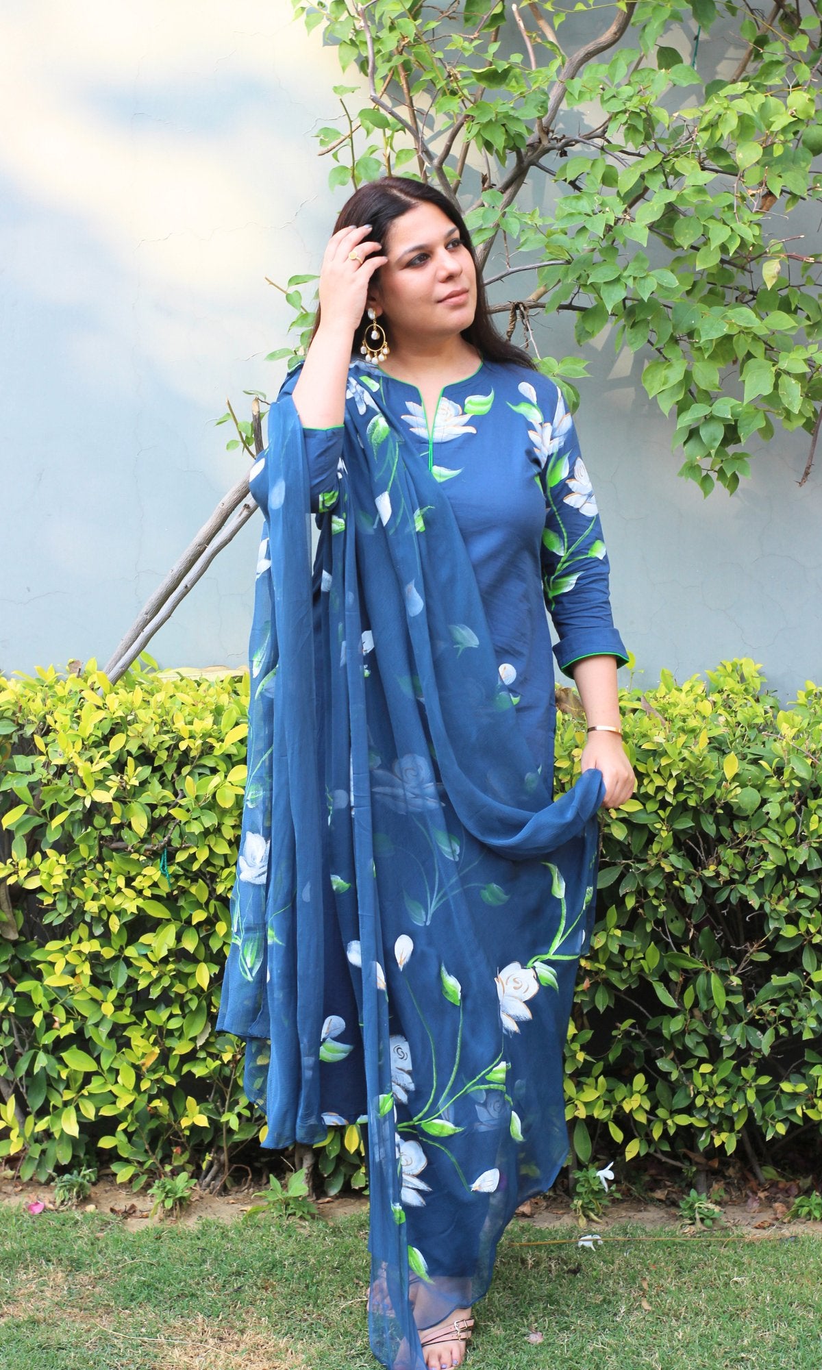Cotton Oxford Blue Hand Painted Suit with Chiffon Handpainted Dupatta - Baareeki