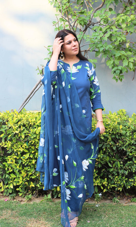 Cotton Oxford Blue Hand Painted Suit with Chiffon Handpainted Dupatta - Baareeki